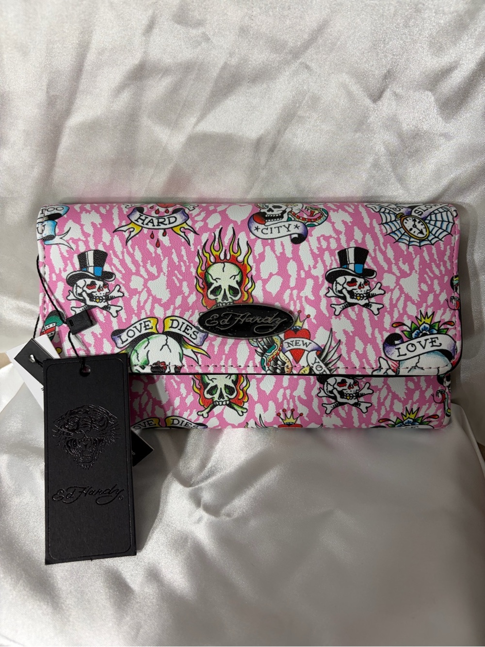 NWT Ed Hardy Pink Tattoo-Print Foldover Clutch with Skull Motifs